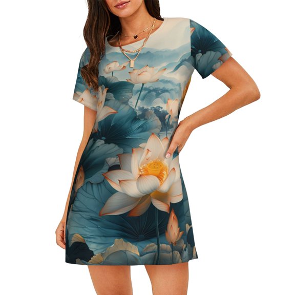 Hirioo Mountain Lotus Serenity for Women’s Nightdress Comfortable Short Sleeve Nightwear Casual Sleep Dress