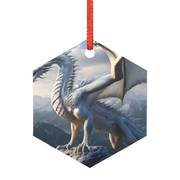 Hirioo Mountain White Dragon for Acrylic Christmas Pendant Hanging Christmas Tree Ornaments, Car, Home, Office Gift Decor-Hexagon
