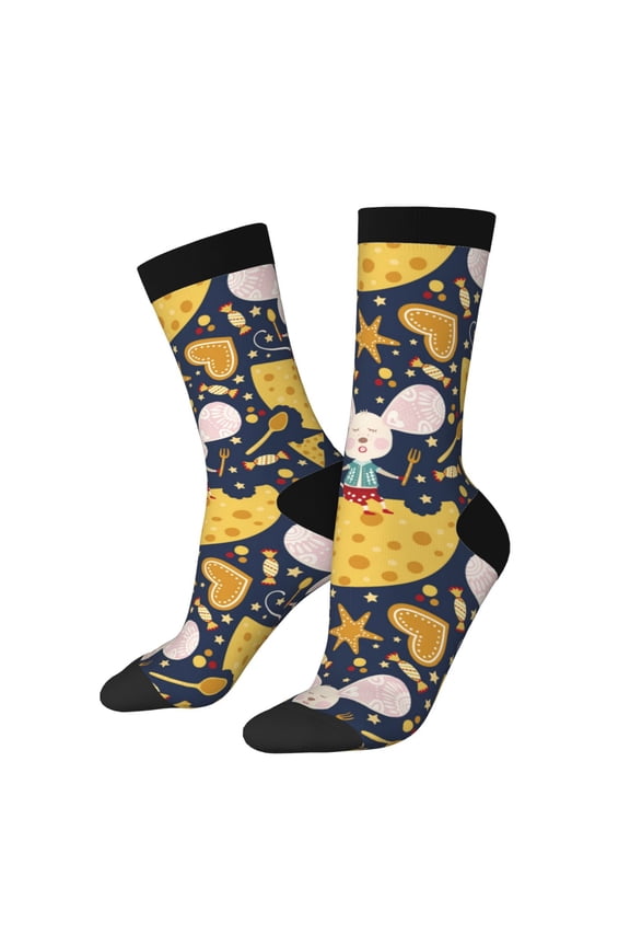 Mouse Cheese Pattern Adult Middle Tube Socks Breathable Sock Non-Pilling,Contrasting Color Design