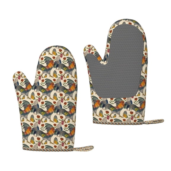 Hirioo Multi-Colored Roosters for Silicone Oven Mitts for BBQ, Baking, Cooking, Set of 2, Heat Resistant 260, Non-Slip Kitchen Essentials