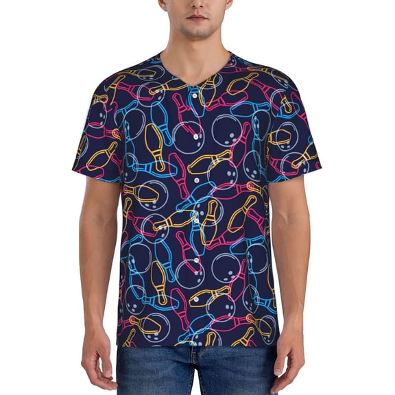 Hirioo Multicolor Bowling for Men's Baseball T-shirt Shirts Short Sleeve Casual Summer Button Stretch T Shirts,Size S-4XL-Large