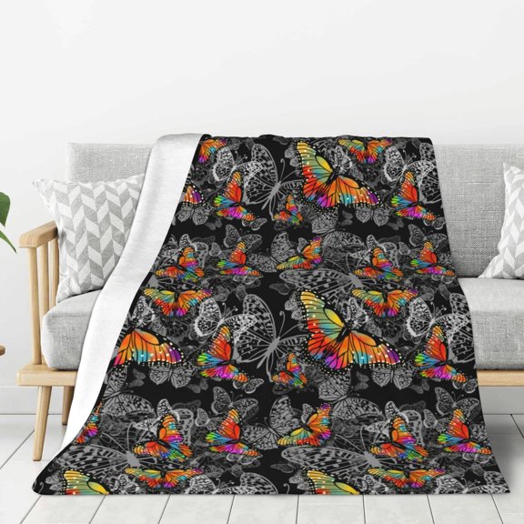 Hirioo Multicolored Butterflies C for Flannel Blanket, Cozy and Warm Throw for Bed or Couch ,Perfect for All Seasons-80"x60"
