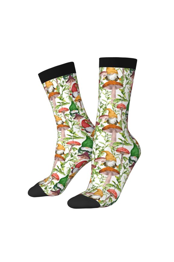 Mushrooms Gnomes Pattern Adult Middle Tube Socks Breathable Sock Non-Pilling,Contrasting Color Design