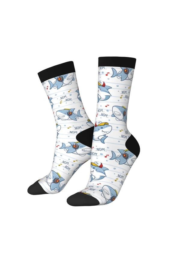 Music Shark Pattern Adult Middle Tube Socks Breathable Sock Non-Pilling,Contrasting Color Design