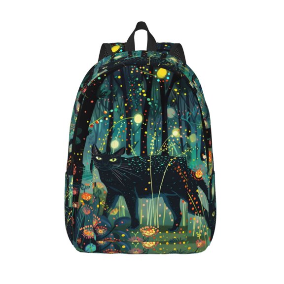 Hirioo Mystical Black Cat Fireflies Canvas Backpack, Durable Travel Backpack with Multiple Compartments,Large Capacity, Backpack for School, Hiking, Work