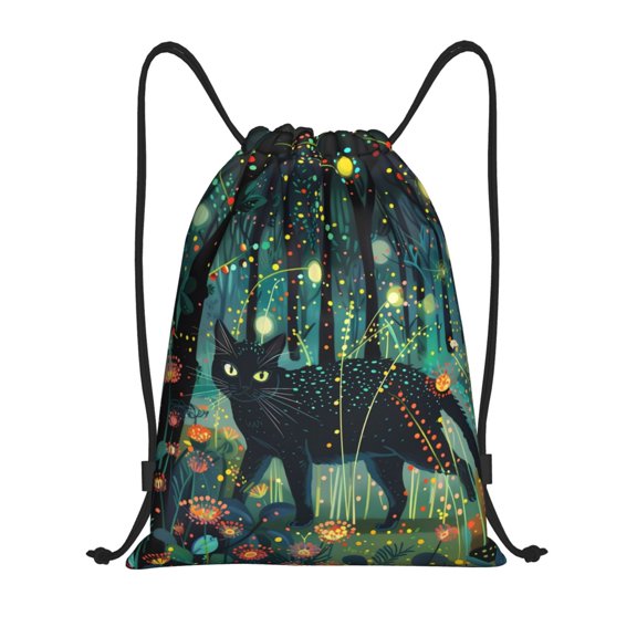 Hirioo Mystical Black Cat Fireflies Print Drawstring Backpack Bag Sport Versatile Sports Backpack for Gym, Travel, Swimming, Beach