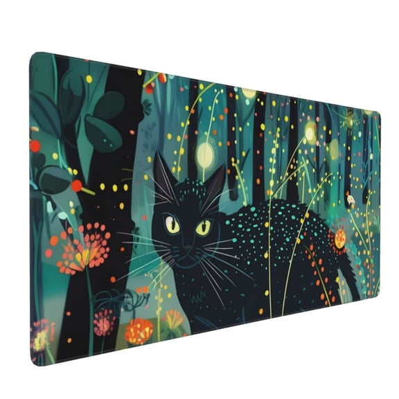 Hirioo Mystical Black Cat Fireflies for Mouse Pad ,Anti-Slip Base, Durable Stitched Edges, Perfect for Gaming, Office, and Home Use,16x35.5in