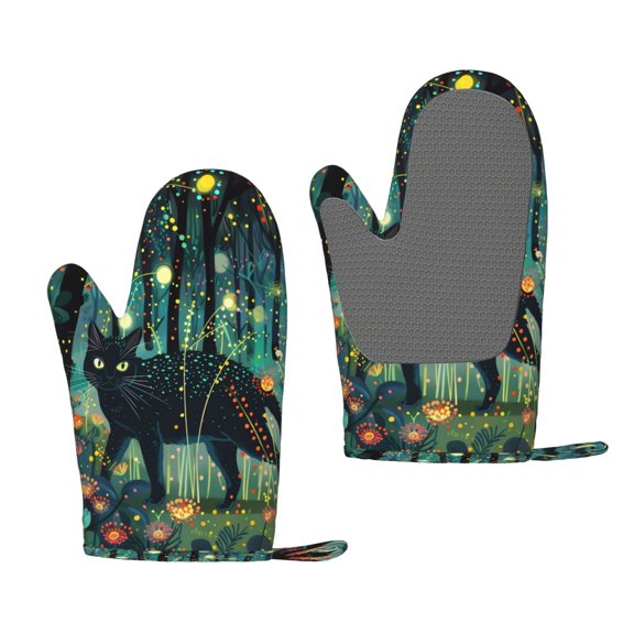 Hirioo Mystical Black Cat Fireflies for Silicone Oven Mitts for BBQ, Baking, Cooking, Set of 2, Heat Resistant 260, Non-Slip Kitchen Essentials