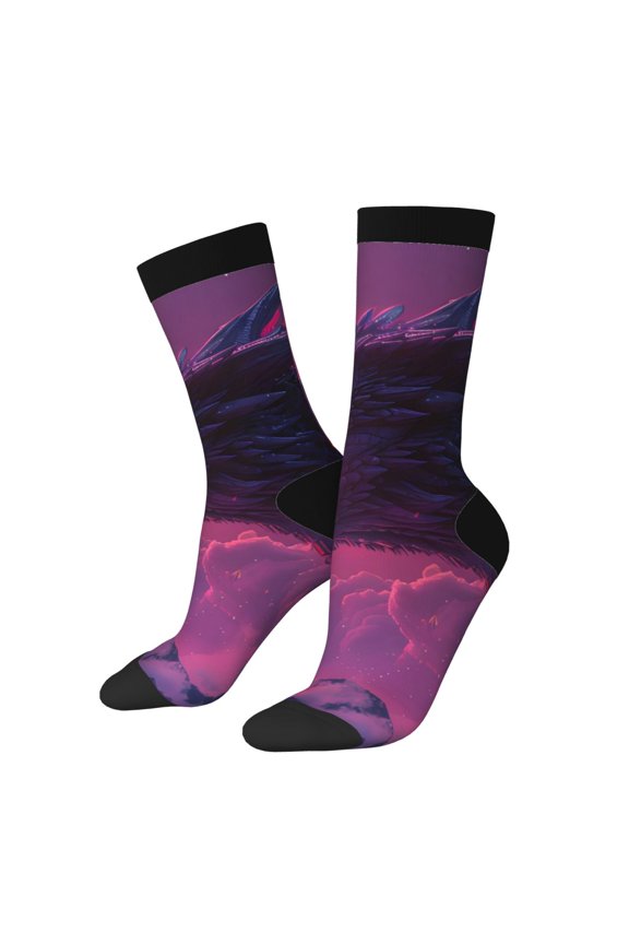 Mystical Dragon Under Moon Pattern Adult Middle Tube Socks Breathable Sock Non-Pilling,Contrasting Color Design