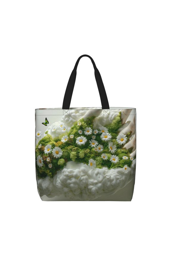 Nature Hand Daisies Art for Tote Bag for Women, Quilted Shoulder Bag with Zipper, Large Capacity Handbags for Casual, Travel, Work