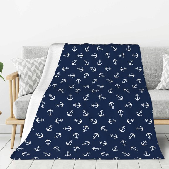 Hirioo Nautical Themed Simple Anchors for Flannel Blanket, Cozy and Warm Throw for Bed or Couch ,Perfect for All Seasons-80"x60"