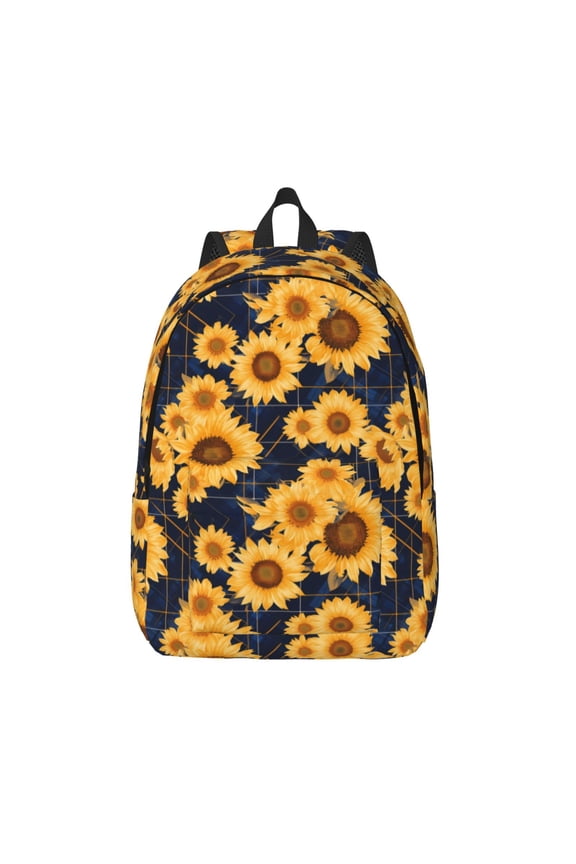 Navy Blue Plaid Sunflower Canvas Backpack, Durable Travel Backpack with Multiple Compartments,Large Capacity, Backpack for School, Hiking, Work