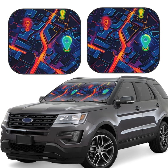 Hirioo Neon City Map for 2PCS Windshield Sun Shade Foldable | Front Windshield Shade for Sun, Heat and UV Rays-Medium
