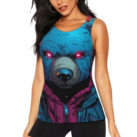 Hirioo Neon Cyberpunk Blue Bear for Women's Workout Tank Top Sleeveless Workout Tops Athletic Gym Shirts-X-Large
