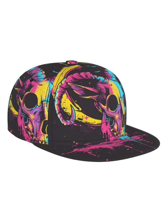 Neon Gothic Skull Moon for Baseball Cap Men Cap Flat Brim for Men Women Teens Adjustable Baseball Cap