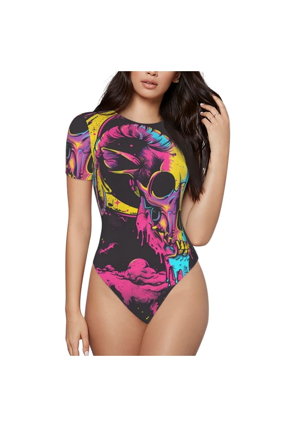 Neon Gothic Skull Moon for Women's Round Neck Short-sleeved Onesie Basic Bodysuits-Medium