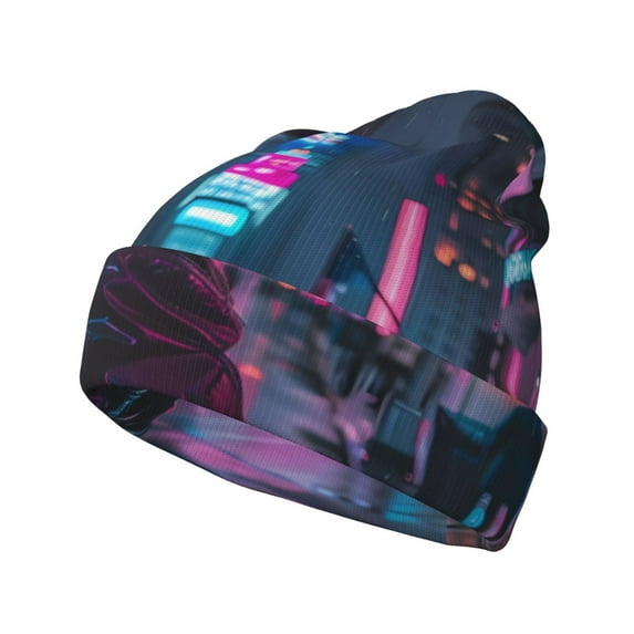Hirioo Neon Night Cityscape for Men's Knit Cuffed Beanie for Outdoor Activities Unisex