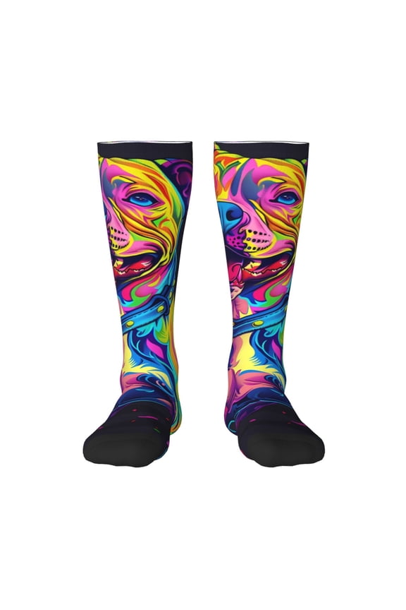 Neon Pop Art Pitbull for Adult Stockings Breathable Sock Non-Pilling,Contrasting Color Design