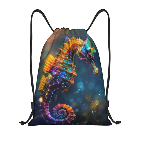 Hirioo Neon Seahorse Underwater Realm Print Drawstring Backpack Bag Sport Versatile Sports Backpack for Gym, Travel, Swimming, Beach