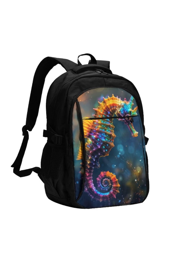 Neon Seahorse Underwater Realm for Travel Laptop Backpack with USB Charging Port for Men and Women