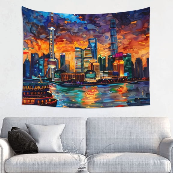 Hirioo Neon Shanghai Cityscape Night Print Tapestry Lightweight Fabric for Bedroom Aesthetic Home Wall Dorm Décor Living Room Decor 29x37 Inch