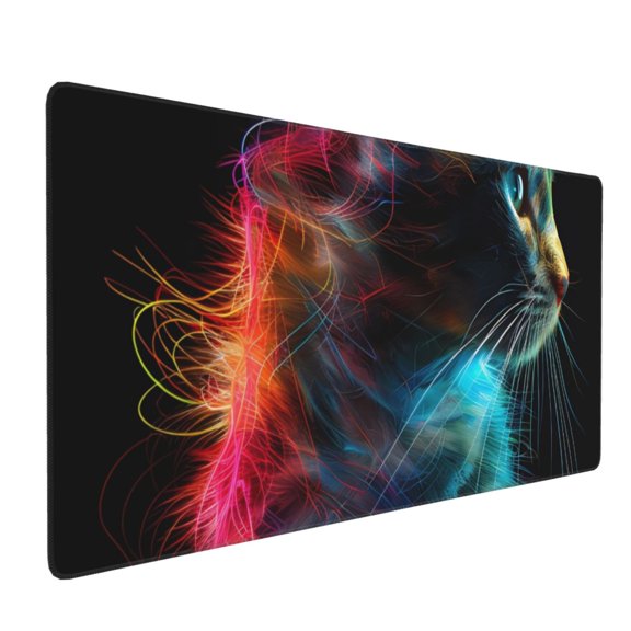 Hirioo Neon Spectrum Cat Portrait for Mouse Pad ,Anti-Slip Base, Durable Stitched Edges, Perfect for Gaming, Office, and Home Use,16x35.5in