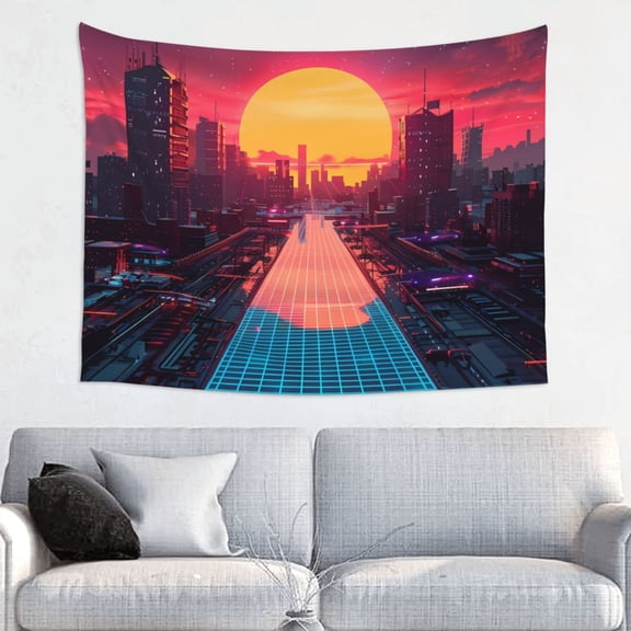 Hirioo Neon Sunset Cyberpunk Cityscape Print Tapestry Lightweight Fabric for Bedroom Aesthetic Home Wall Dorm Décor Living Room Decor 29x37 Inch