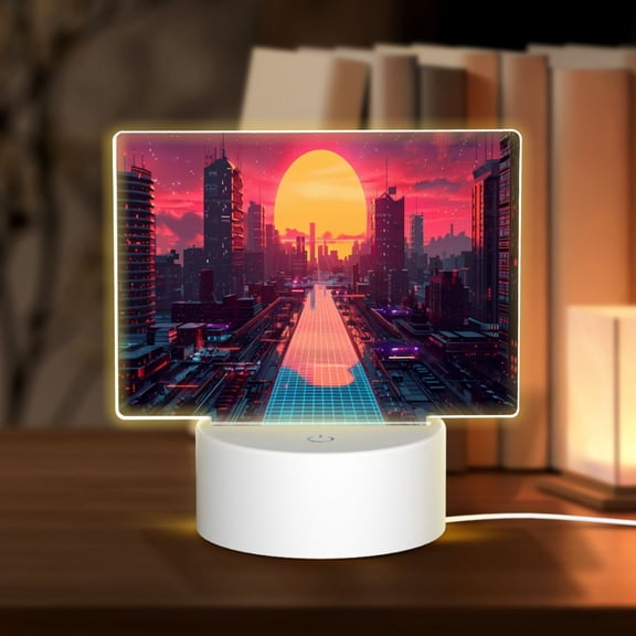 Hirioo Neon Sunset Cyberpunk Cityscape for Rectangular Acrylic with Night Light Best Gifts for Lover Girl Mom, Valentine's Day Anniversary Birthday Wedding Present