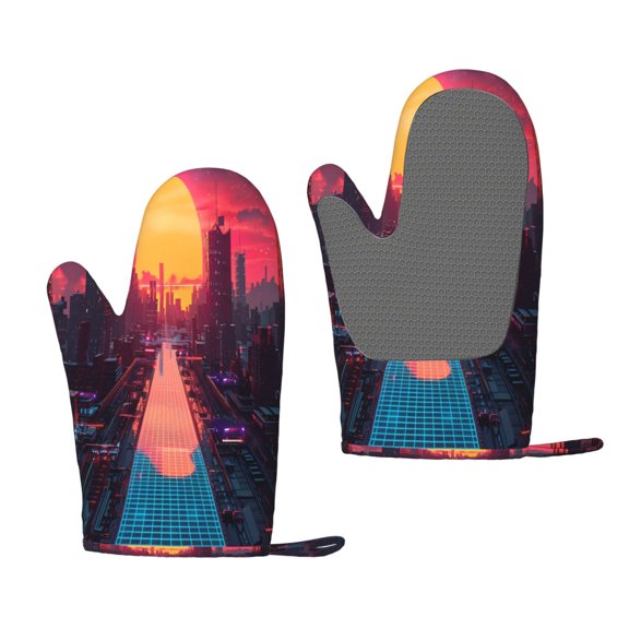 Hirioo Neon Sunset Cyberpunk Cityscape for Silicone Oven Mitts for BBQ, Baking, Cooking, Set of 2, Heat Resistant 260, Non-Slip Kitchen Essentials