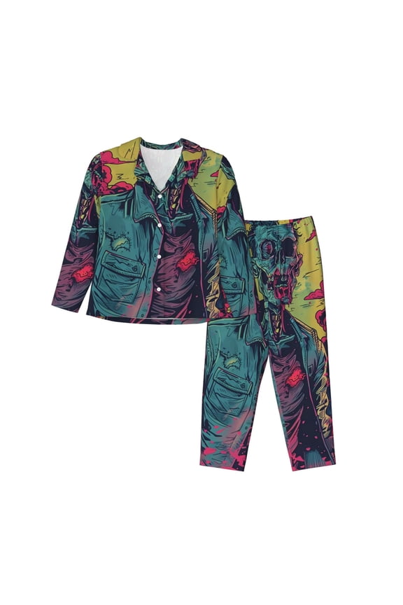 Neon Zombie Skull for Women's Pajama Sets 2 Piece Pjs Women's Long-Sleeved Pajama Set Button Down Sleepwear,S-XXL-Small