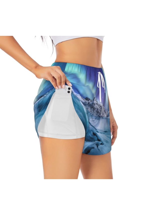 Night At Lake Aurora 1 for Women's Double Layer Athletic Shorts High-Performance Gym Shorts with Inner Pocket, Elastic Waistband-Medium