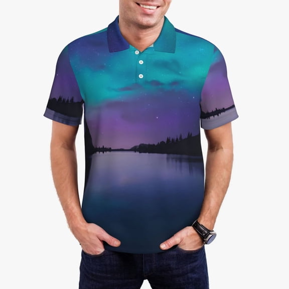 Hirioo Night At Lake Aurora for Men’s Polo Shirts Quick Dry Short Sleeve Golf T Shirt Performance Moisture Wicking Casual Workout,Sizes S-4XL-X-Large