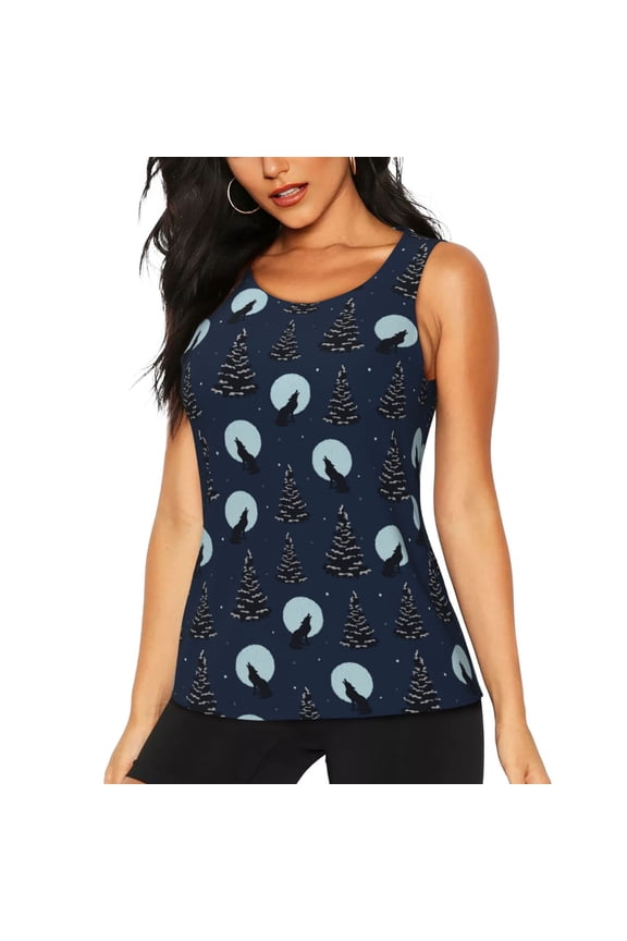 Night Forest Wolf for Women's Workout Tank Top Sleeveless Workout Tops Athletic Gym Shirts-Large