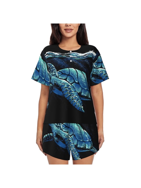 Ocean Turtle for Women's 2 Piece Short-Sleeved Pajama PJ Sets for Women Shorts with Pockets Womens Lounge Set-Medium