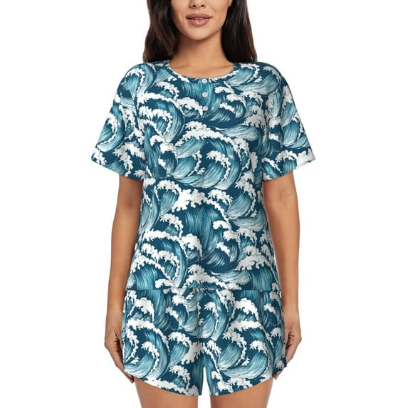 Hirioo Ocean Waves for Women's 2 Piece Short-Sleeved Pajama PJ Sets for Women Shorts with Pockets Womens Lounge Set-4X-Large