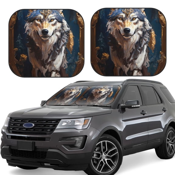 Hirioo Oil Painting Tribal Wolf for 2PCS Windshield Sun Shade Foldable | Front Windshield Shade for Sun, Heat and UV Rays-Large