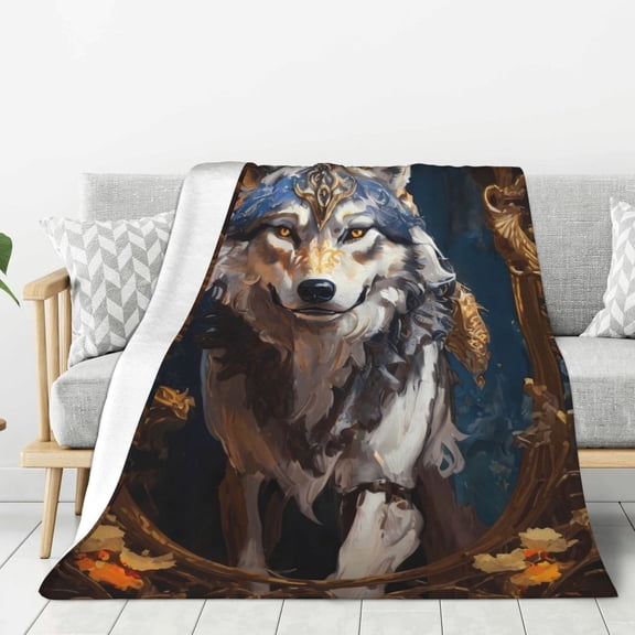 Hirioo Oil Painting Tribal Wolf for Flannel Blanket, Cozy and Warm Throw for Bed or Couch ,Perfect for All Seasons-60"x50"