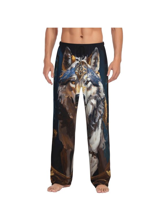 Oil Painting Tribal Wolf for Women's PJ Pajama Pants Sleep Pants Women's Home Trousers with Pockets,S-3XL-Large