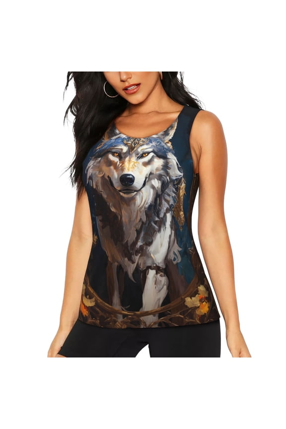Oil Painting Tribal Wolf for Women's Workout Tank Top Sleeveless Workout Tops Athletic Gym Shirts-Small