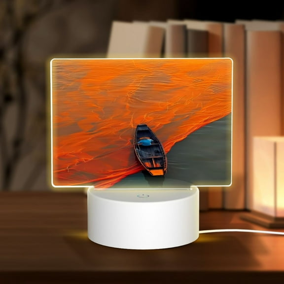 Hirioo Orange Net Fishing Boat for Rectangular Acrylic with Night Light Best Gifts for Lover Girl Mom, Valentine's Day Anniversary Birthday Wedding Present