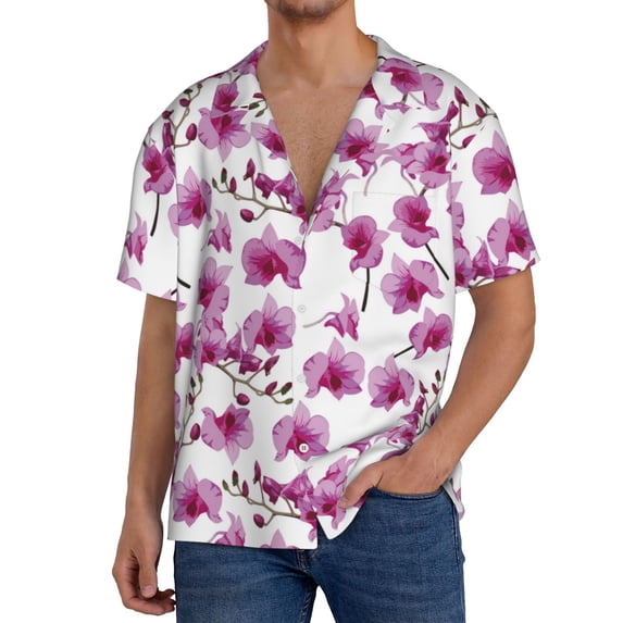 Hirioo Orchids Flowers for Men's Cuban Collar Short Sleeve Shirt Button Down Shirt Beach Summer Shirts Wedding Vacation Shirts-X-Large