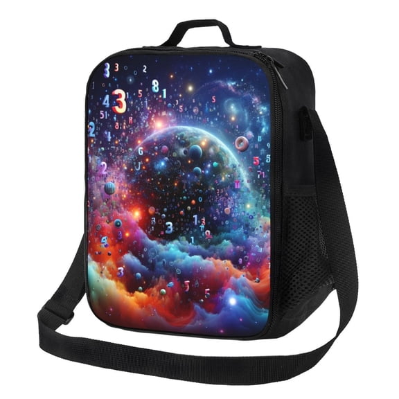 Hirioo Outer Space Floating Numbers And Letters for Insulated Lunch Bag with Adjustable Shoulder Strap for Work, School, Travel and Picnics, Leakproof and Eco-Friendly