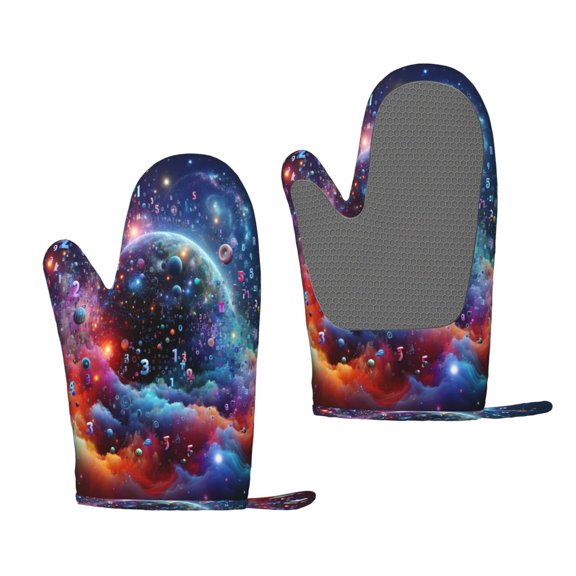 Hirioo Outer Space Floating Numbers And Letters for Silicone Oven Mitts for BBQ, Baking, Cooking, Set of 2, Heat Resistant 260, Non-Slip Kitchen Essentials