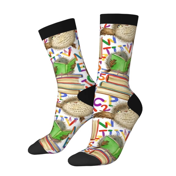 Hirioo Owl Back To School Pattern Adult Middle Tube Socks Breathable Sock Non-Pilling,Contrasting Color Design