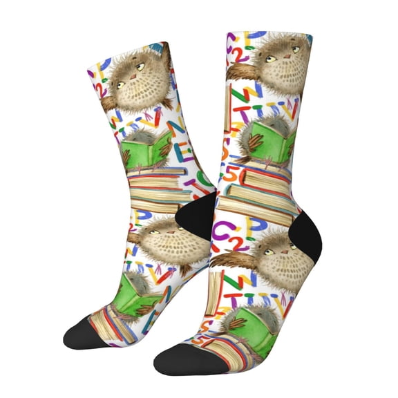 Hirioo Owl Back To School Pattern Adult Middle Tube Socks Breathable Sock Non-Pilling,Contrasting Color Design