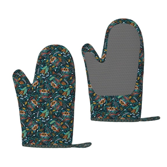 Hirioo Owl Doodle for Silicone Oven Mitts for BBQ, Baking, Cooking, Set of 2, Heat Resistant 260, Non-Slip Kitchen Essentials