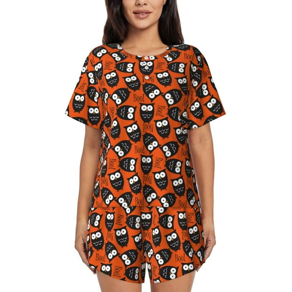 Hirioo Owls And Boo for Women's 2 Piece Short-Sleeved Pajama PJ Sets for Women Shorts with Pockets Womens Lounge Set-X-Large