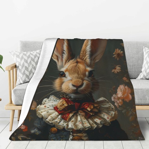 Hirioo Palatial Style Flower Rabbit for Flannel Blanket, Cozy and Warm Throw for Bed or Couch ,Perfect for All Seasons-80"x60"