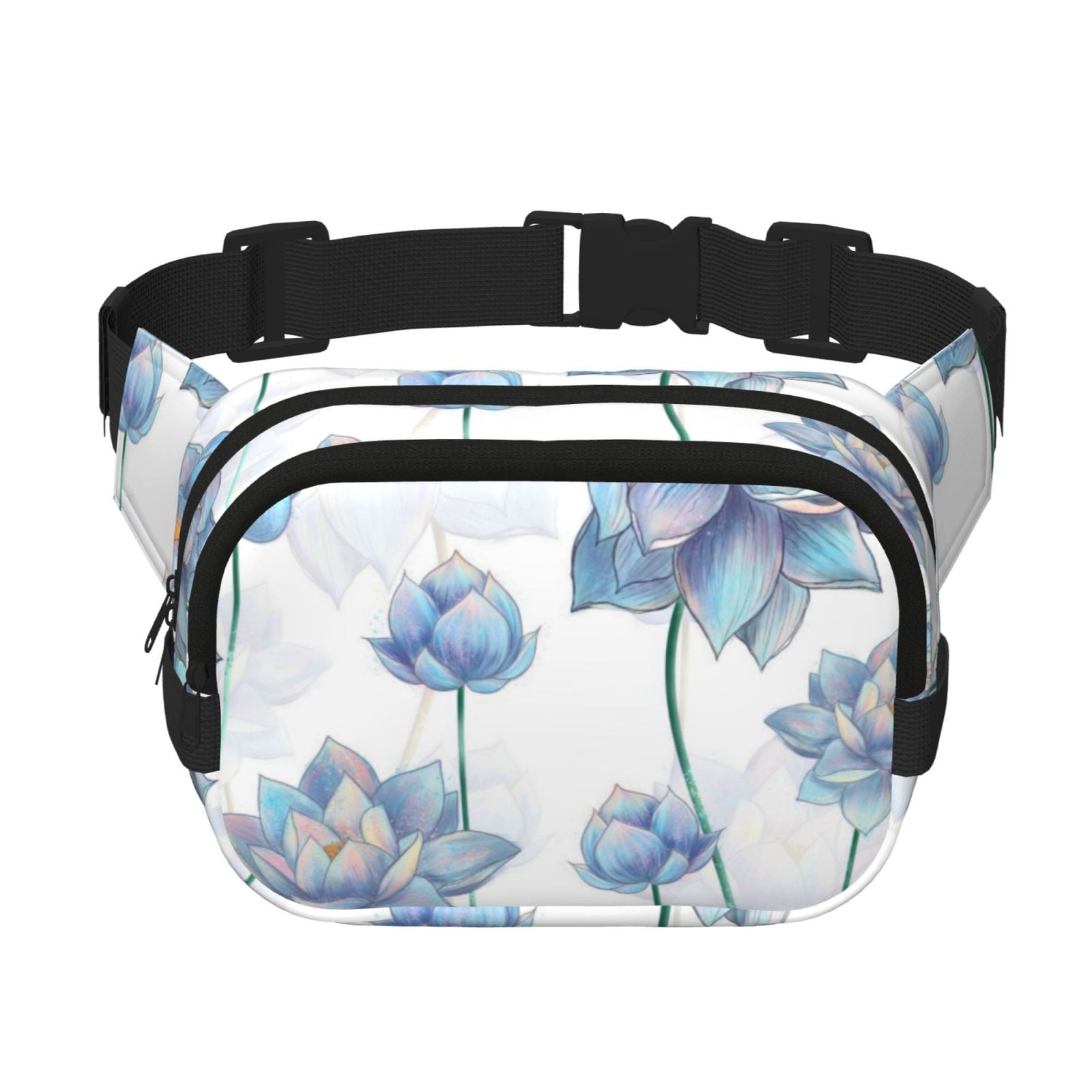 Hirioo Pale Blue Lotus Flowers for Double Layer Waist Bag Adjustable Fanny Pack For Travel Running Hiking