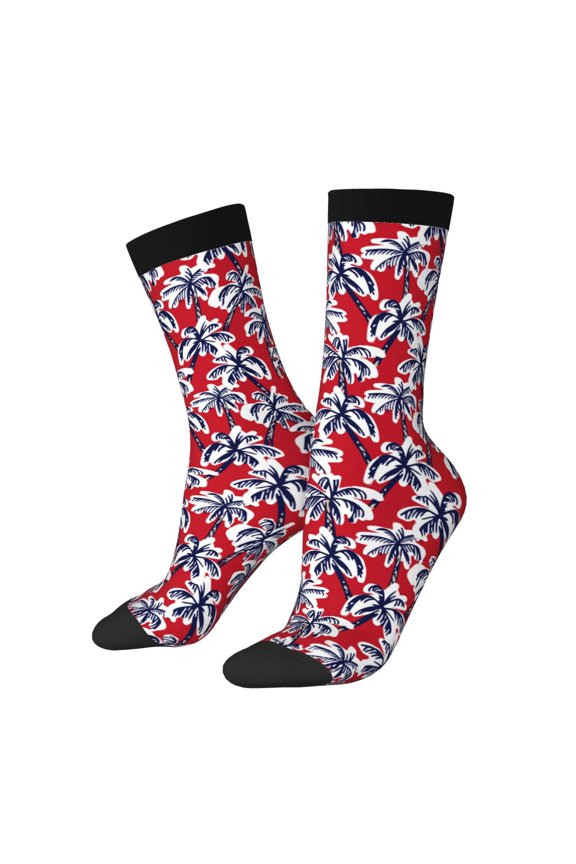 Palm Tree Pattern on Red Pattern Adult Middle Tube Socks Breathable Sock Non-Pilling,Contrasting Color Design
